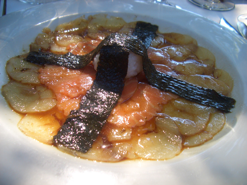 Melt-in-the-mouth fish carpaccio in dappled sunglight