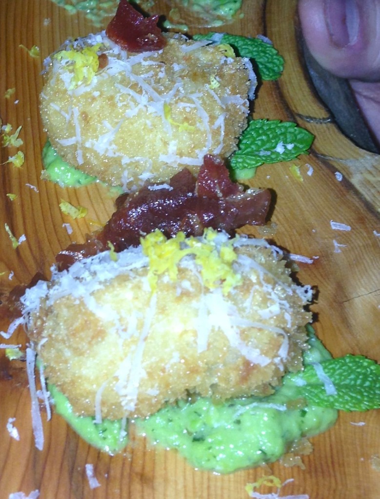Cheesy San Daniele Croquettes with minted broad bean puree