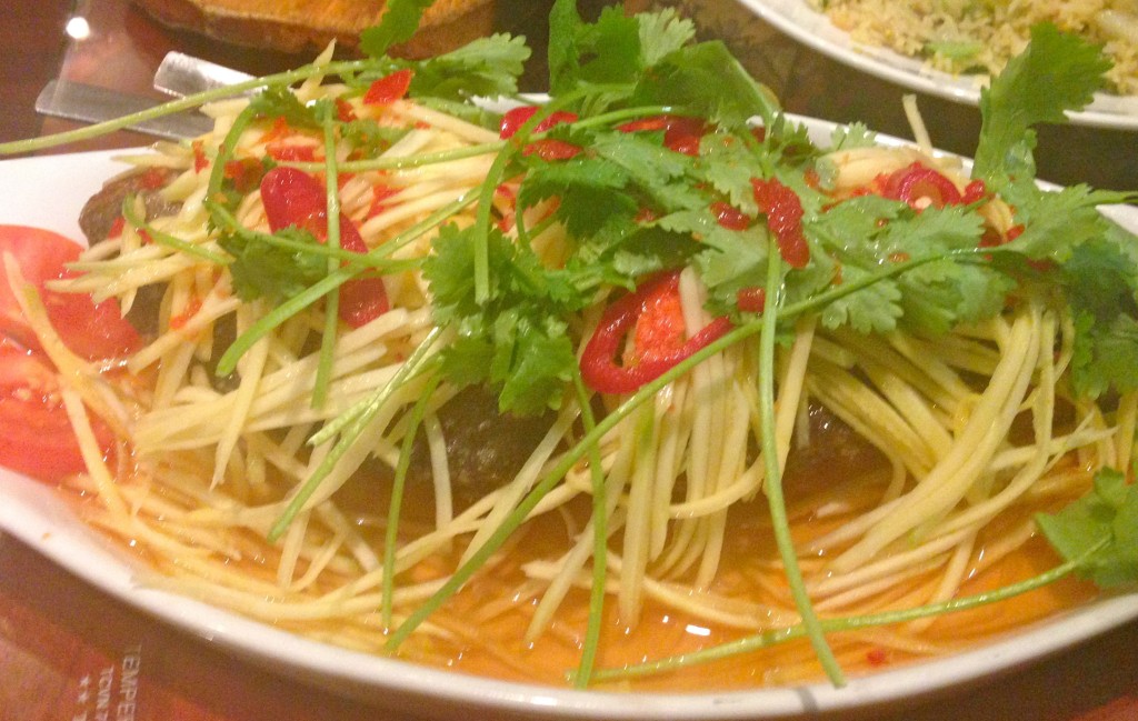 The amazing crispy sea bream nestling under sweet shredded mango