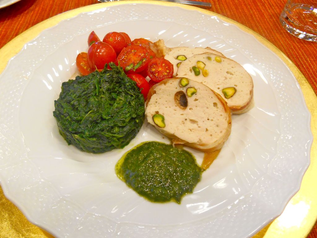 The perfect lunch...a delicious chicken terrine, spinach, cherry tomatoes and freshly made pesto 
