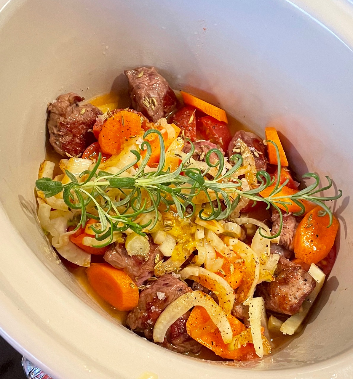 Vegetables and lamb in the pot